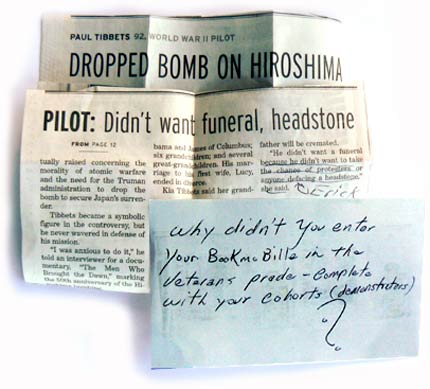 Letter sent to the Bookman after the Veterans Day Parade, having anticipated we might have protested it.