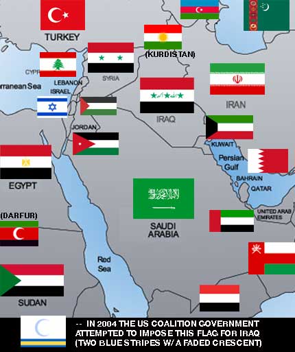 Flags of the Middle East, a sea of red black and green, clashing with Israel