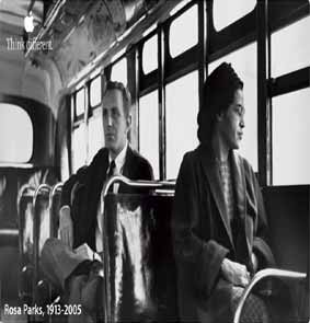 Rosa Parks photographed after the Montgomery Bus Boycott, posed with newspaper reporter